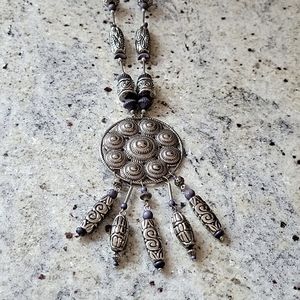 Boho long necklace silver and purple beads.